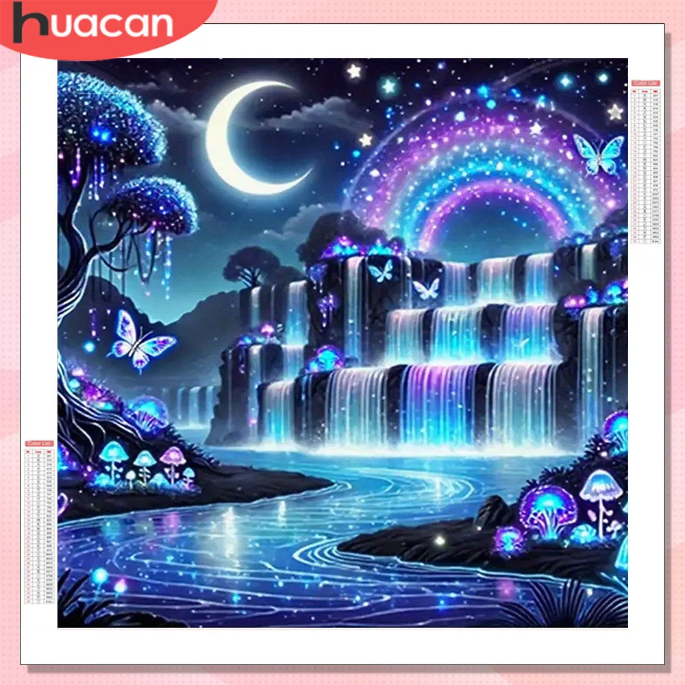 HUACAN Diamant-Kunstgemälde Wasserfall Quadratische Runde Perlen Nachtlandschaft Diamant-Mosaik-Sets Bild Strass Heimdekoration