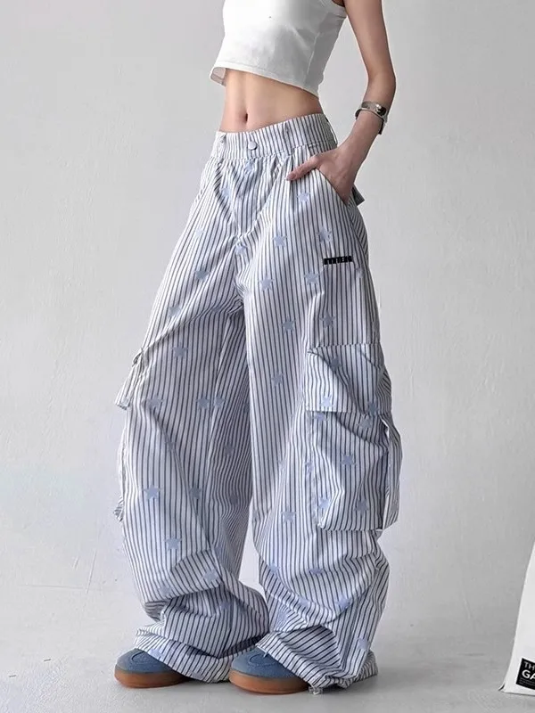 

Spring and Summer Loose Casual Straight-Leg Wide-Leg Pants Multi-Pocket Striped XINGX Printed Drawstring Workwear Women
