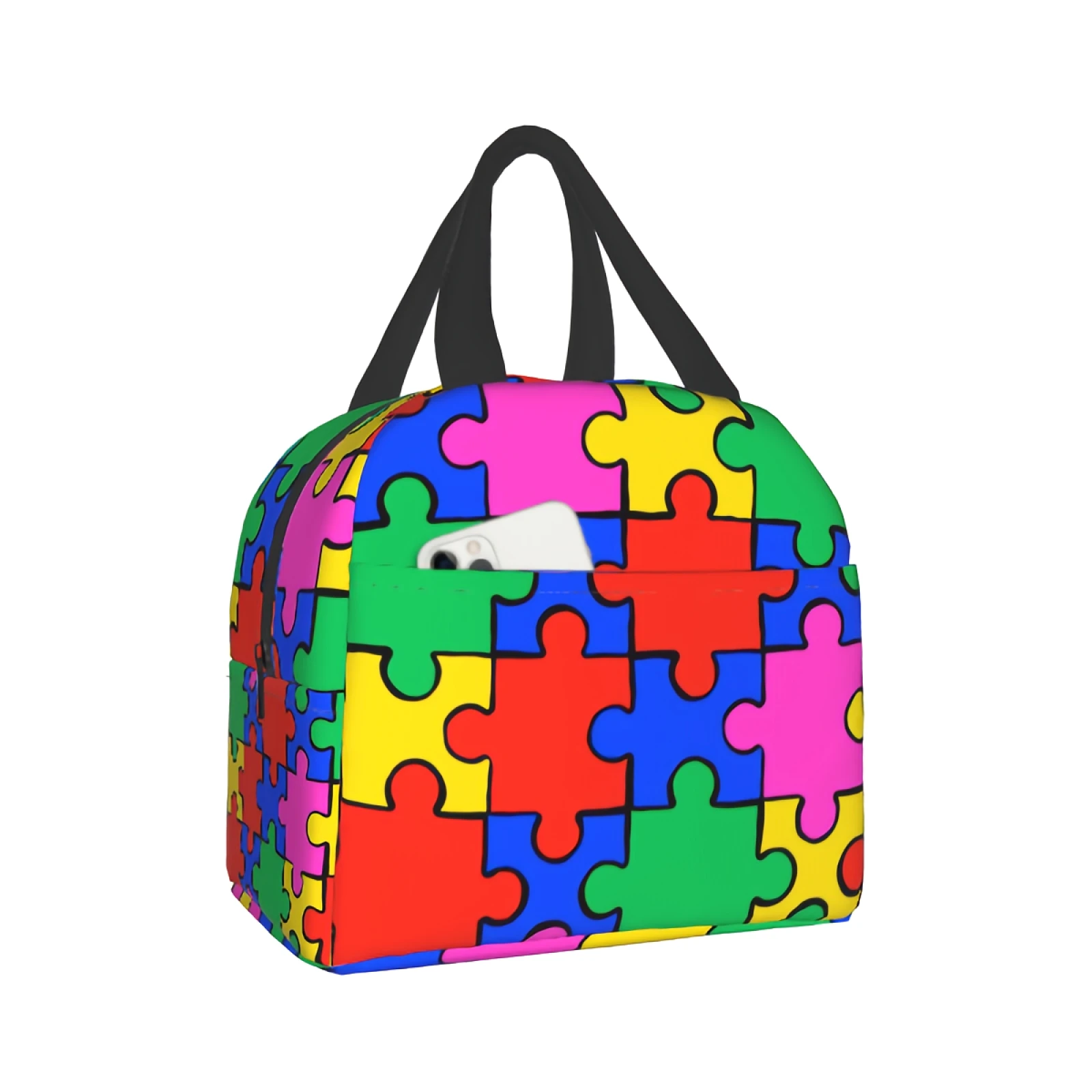 Colorful Puzzle Insulated Lunch Bag for Women Split Joint Jigsaw Lunch Box Reusable Leakproof Tote for Work School Beach Travel