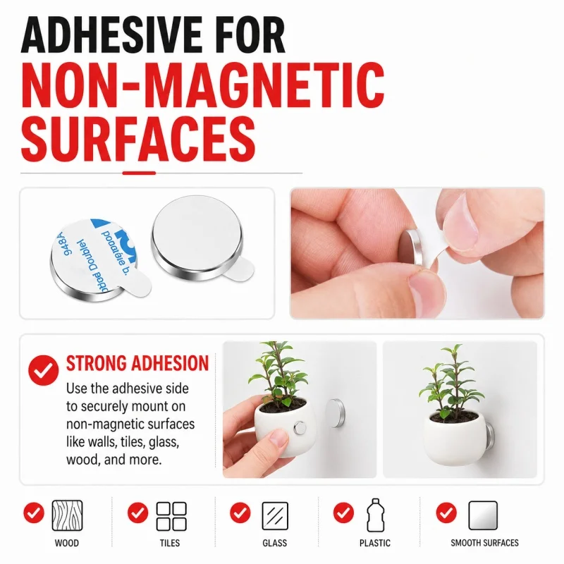 10/12/13mm Leistungsstarke Runde Magnete mit Kleberückseite N35 NdFeB Neodym-Magnete Klebende Magnetische Aufkleber für Zuhause – Detail 4