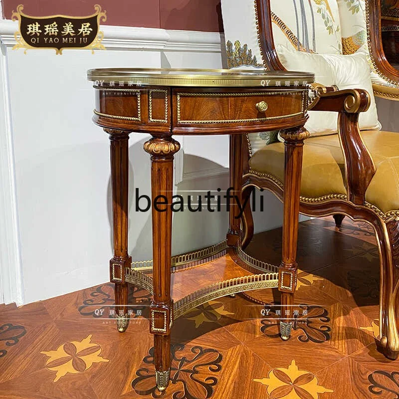 

yj9 English Classical Mahogany Round Corner Table Pure Copper Decorative Piece Coffee Table Sofa Side Table