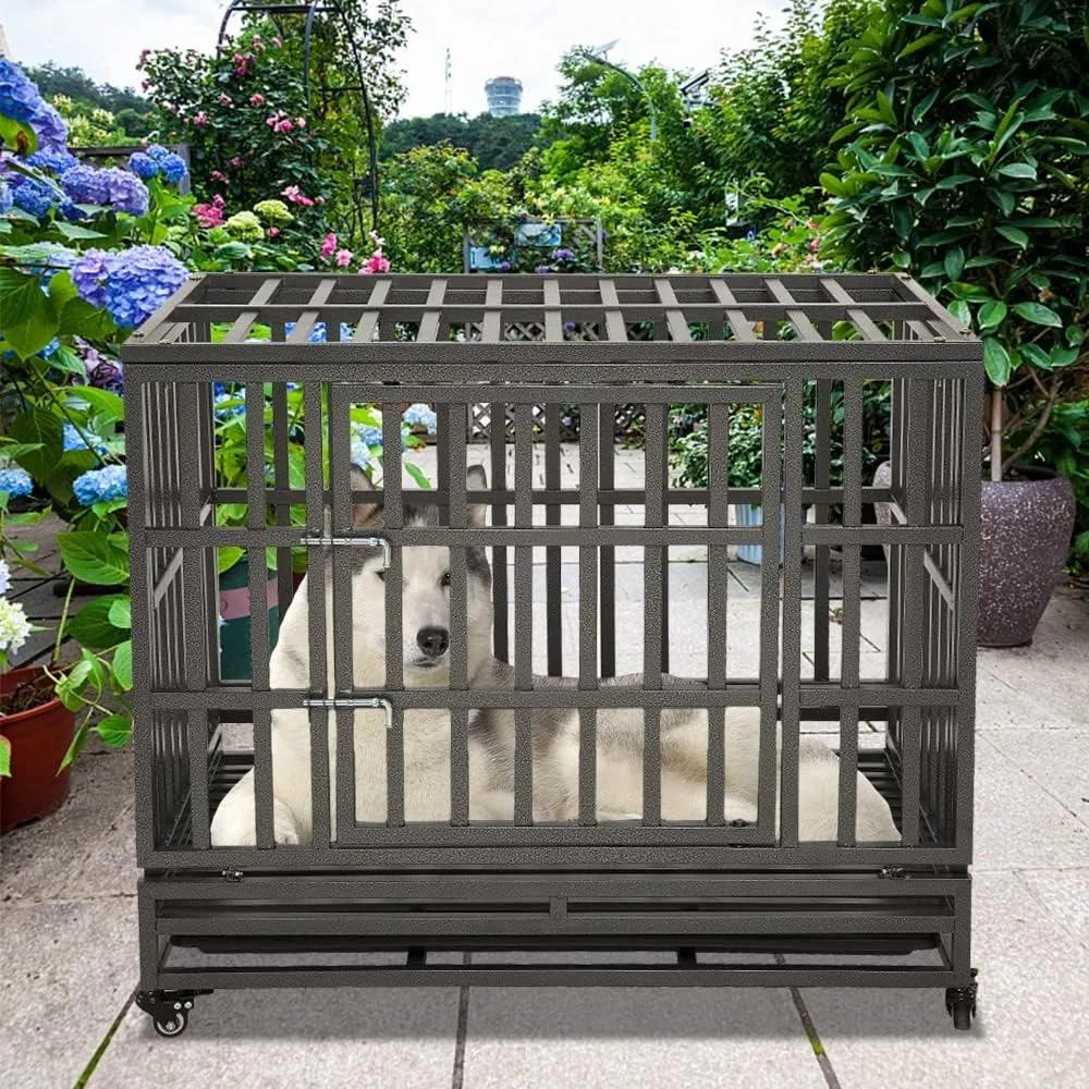 

Empire Heavy Duty Dog Cage Metal Kennel & Crate for Medium & Large Dogs, Pet Playpen with Four Wheels, Easy to Install, Black