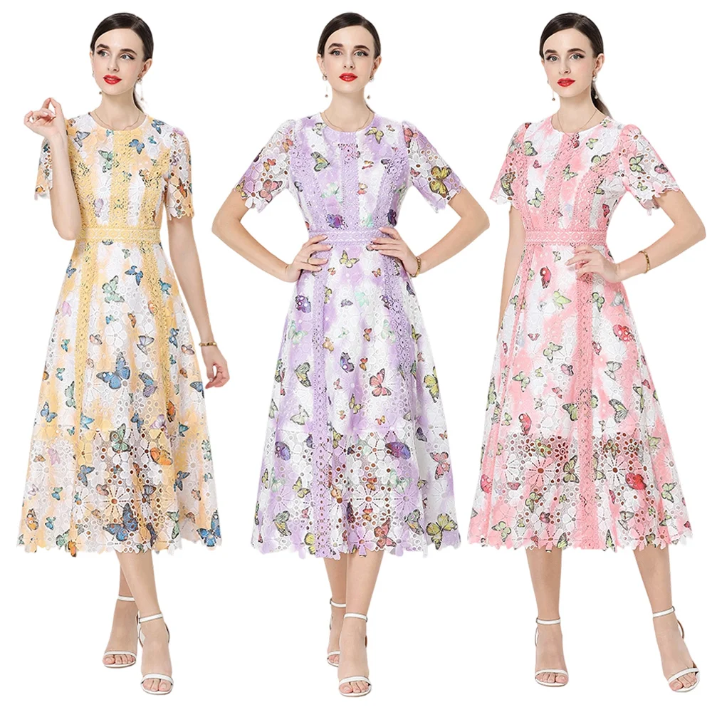 

Elegant Short-Sleeve Hollow out Heavy Embroidery Lace Vintage Dress Women's Slimming Long Skirt Mid-Waist A-Line Summer Dress