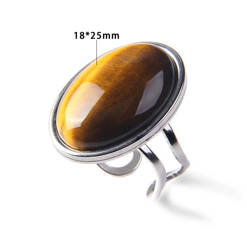 Big Stone Ring Natural Cabochon Tiger Eye Obsidian Quartzs Gem Finger Ring Silver Color Open Rings Classic Vintage Jewelry Gift