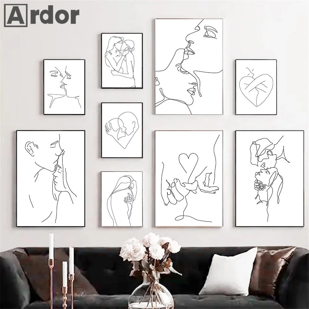 

Black And White Line Drawing Couple Kiss Canvas Prints Heart Art Painting Hand In Hand Poster Minimalist Pictures Home Decor
