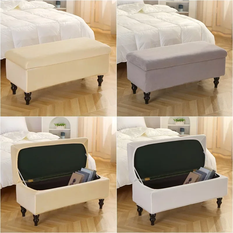 Velvet Storage Ottoman Cover Long Piano Bench Stool Cover Stretch Rectangular Foldable Footstool Covers Sofa Footrest Slipcovers