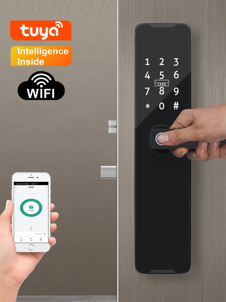 Tuya Wifi Digital Electronic Smart Door Lock With Biometric Fingerprint , Smart Card , Password , USB Emergency chagre