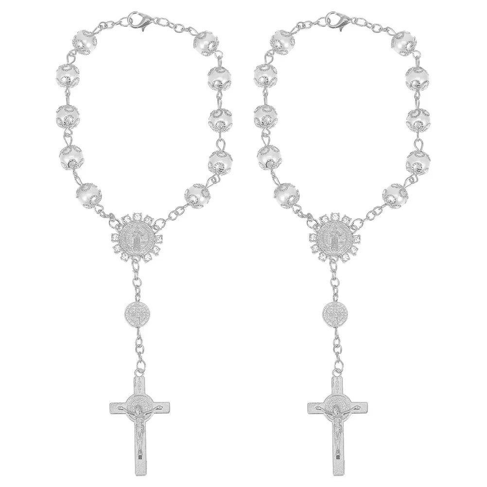 

2Pcs Cross Pendant Car Interior Decoration Gold Silver Lace Glass Imitation Pearl Blessing Protection Cross Hanging for Car
