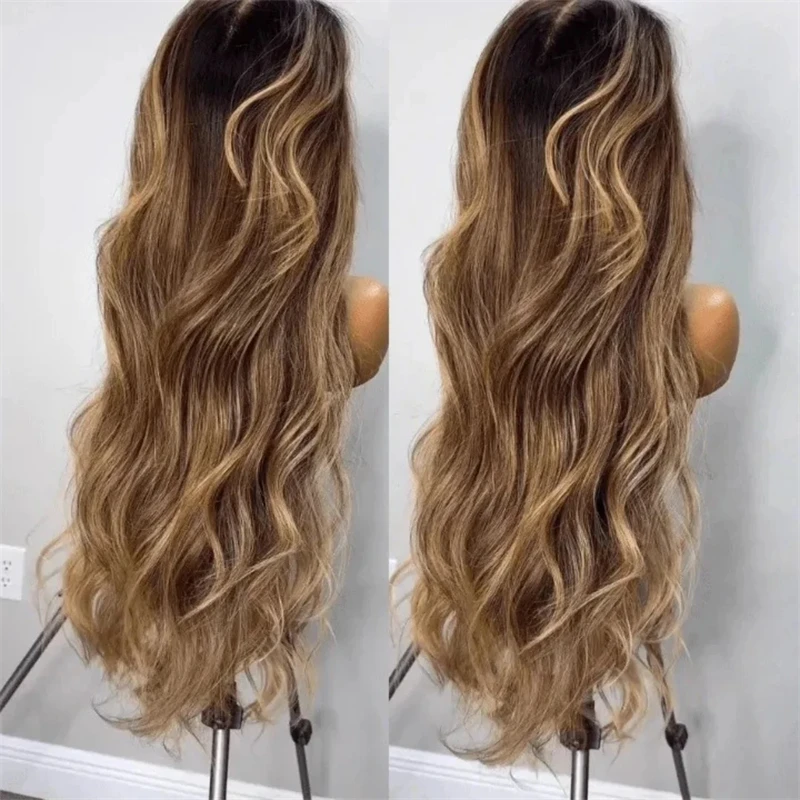 شعر مستعار طويل للغاية مموج أومبير سمراء بني يسلط الضوء على Balayage الاصطناعية HD الدانتيل شعر مستعار أمامي خط الشعر مع شعر الطفل #2