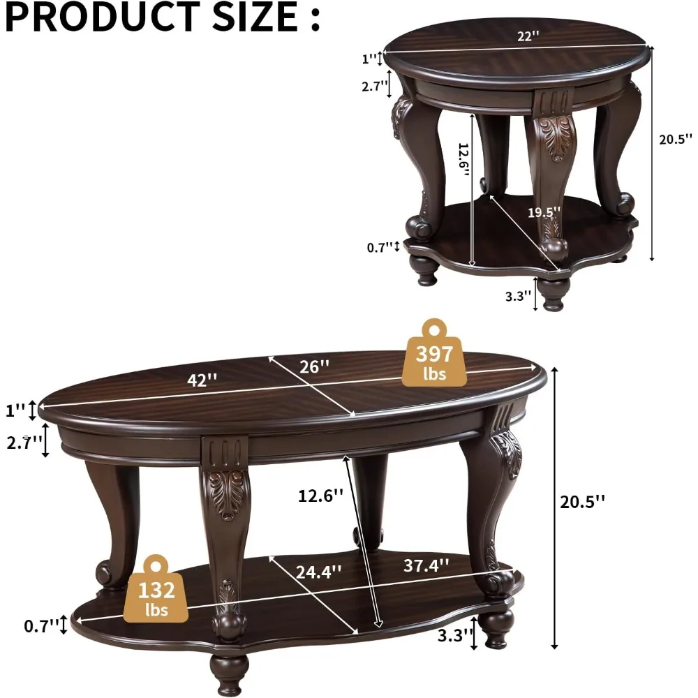 Elegancki owalny stolik kawowy z drewna espresso z miejscem do przechowywania i okrągły stolik pomocniczy do salonu w stylu farmhouse.