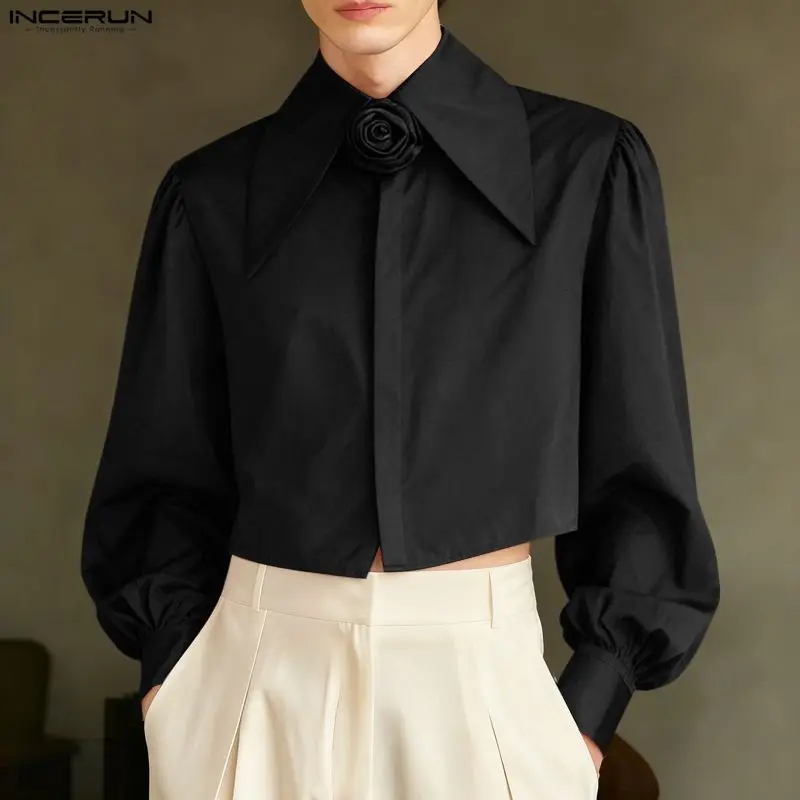 Men Shirt Solid Color Flower Lapel Long Sleeve Crop Tops Men Loose Korean Style Fashion Casual Male Shirts INCERUN Streetwear