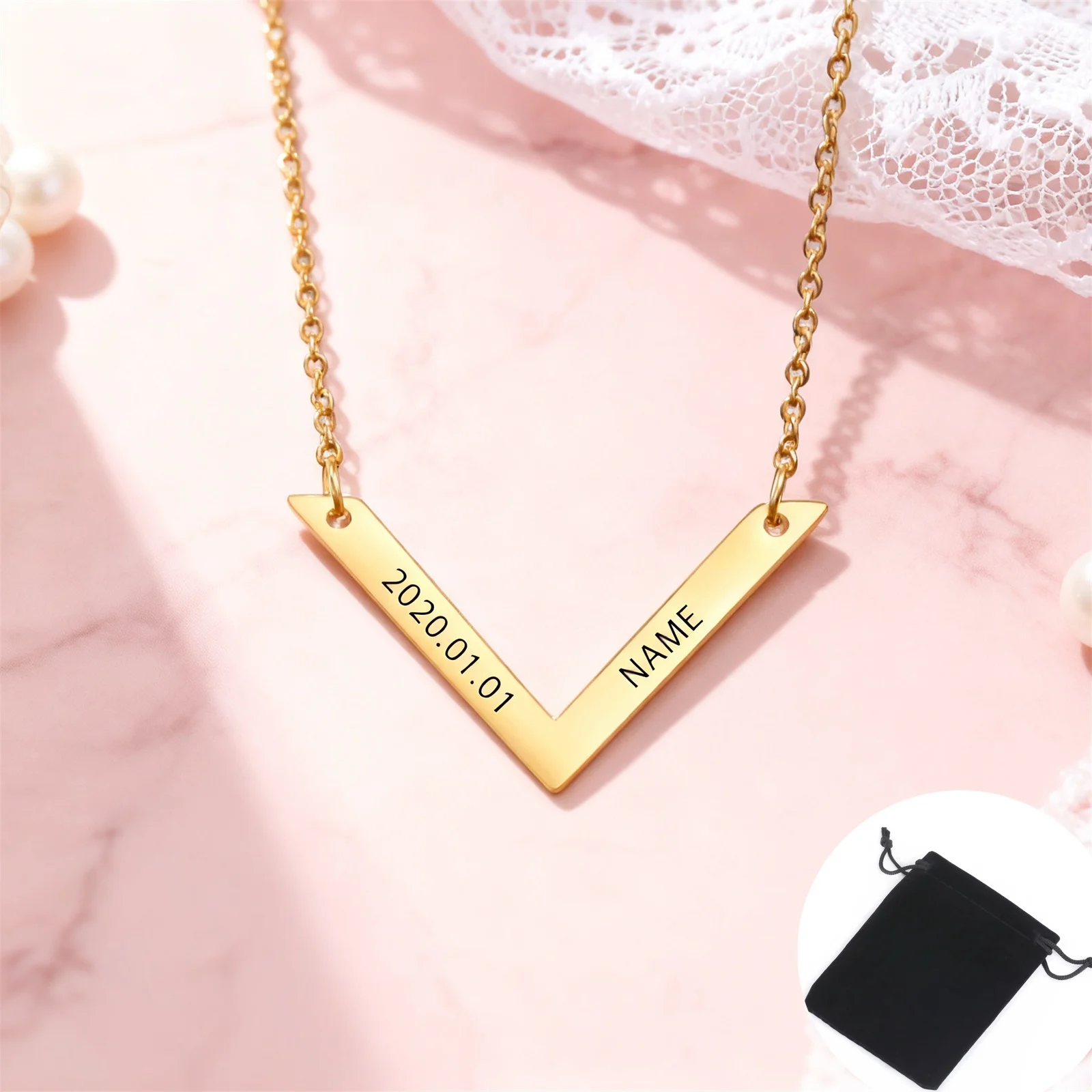 Customized Name Carving Geometry V Necklace Fashion Women's LoveV Stainless Steel Collarbone Chain Jewelry Party Gift