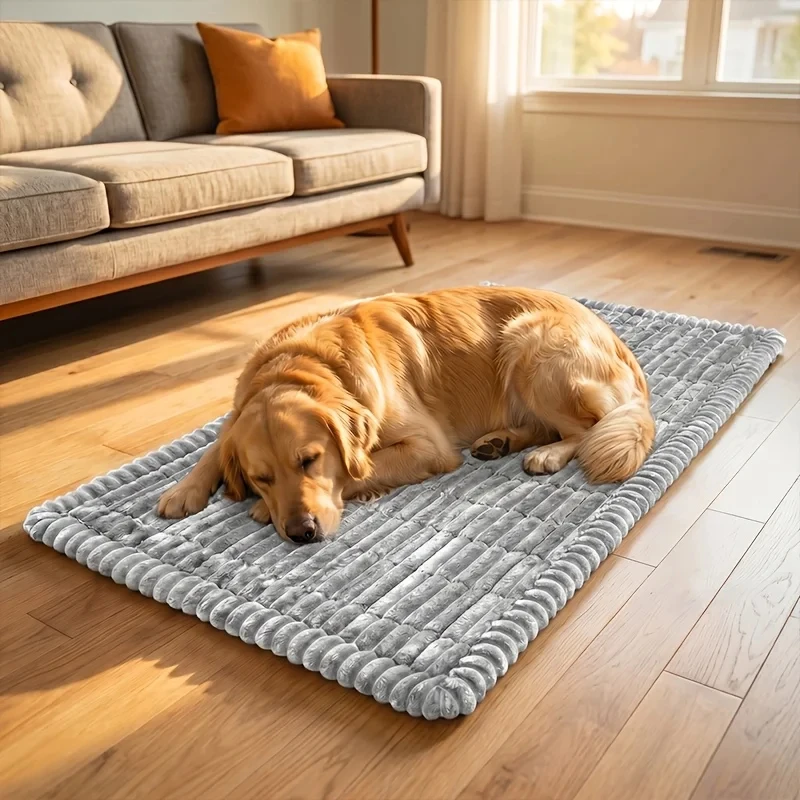Summer Cool Soft Striped Plush Dog Bed Mat Non-Slip Washable Pet Travel Cushion Pad Thick Sleeping Mattress for Car Trunk view 5