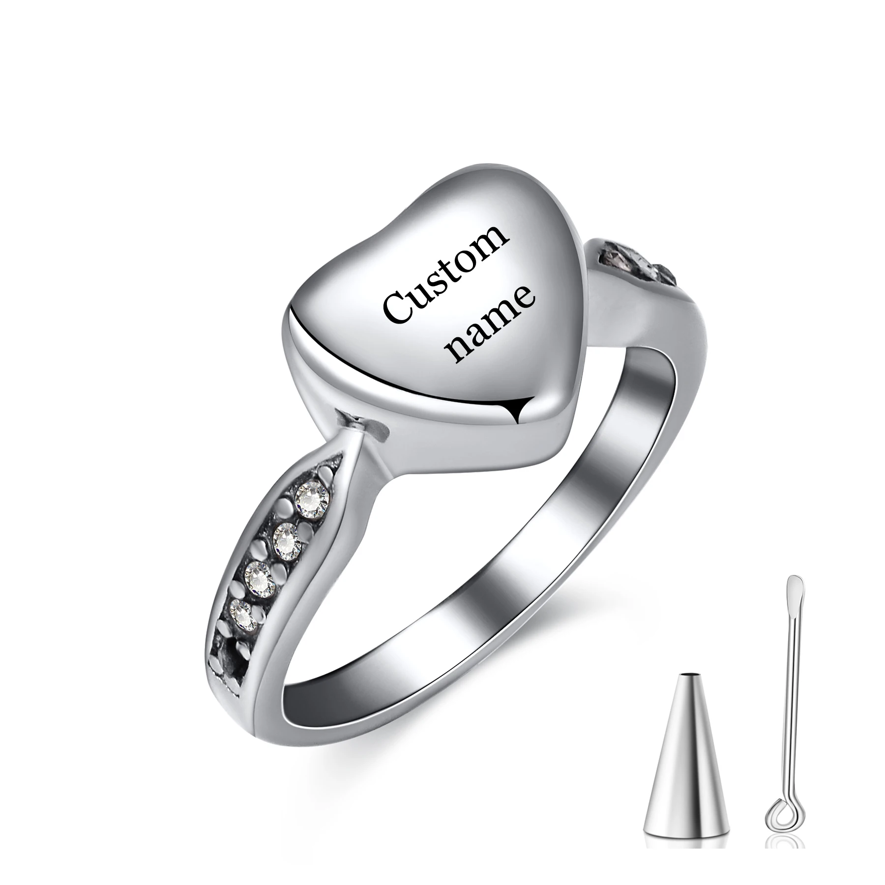 Cremation Crystal Heart Ring for Ashes, Engravable