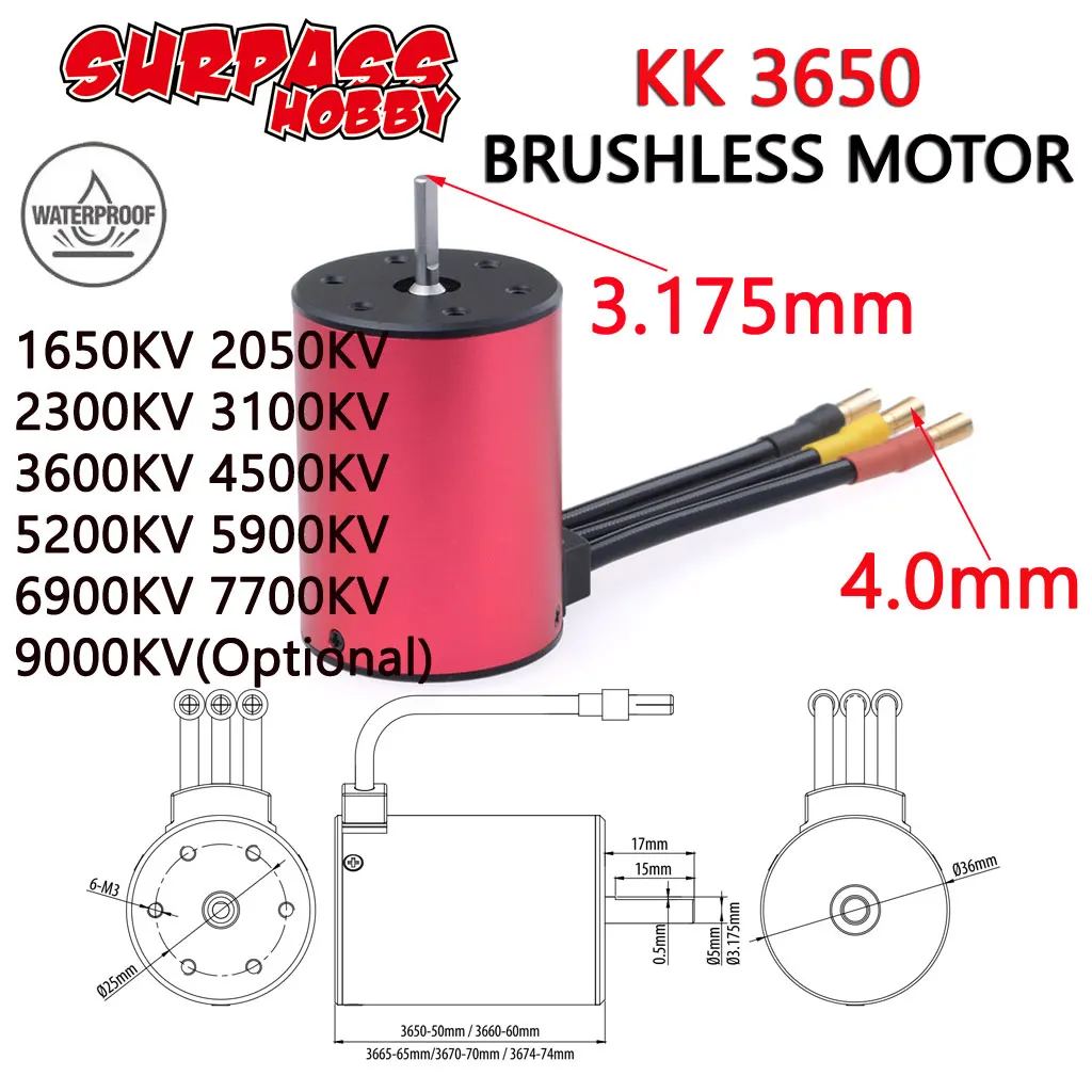 SURPASS HOBBY KK 3650 Brushless Motor 7700KV 5900KV 5200KV 3600KV 3.175mm Shaft for RC 1/10 GTR/Lexus 3S RC Drift Racing Car