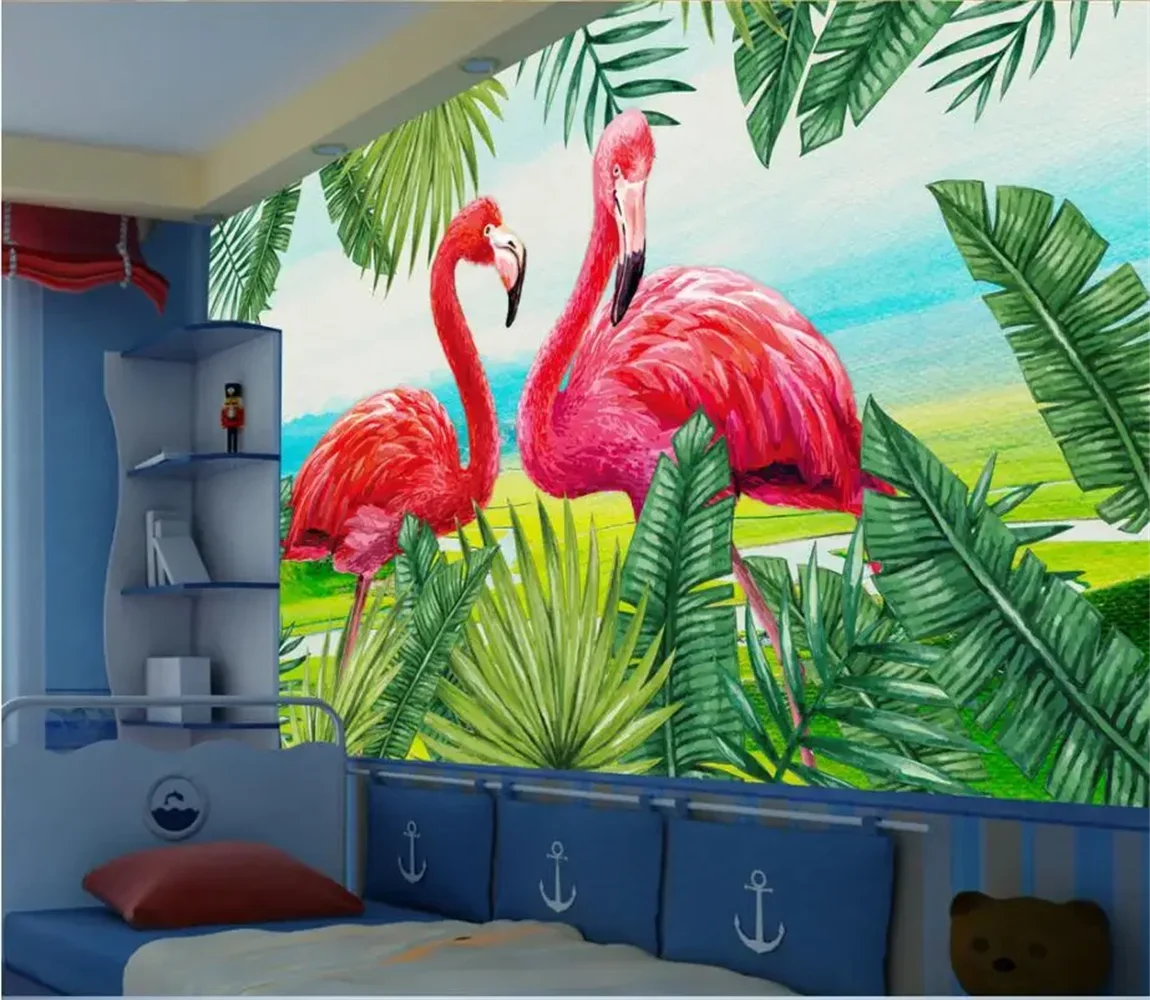 beibehang Scandinavian hand painted plant flamingo Photo Wallpaper 3D Ceiling Mural Living Room Restaurant Decor wall paper roll