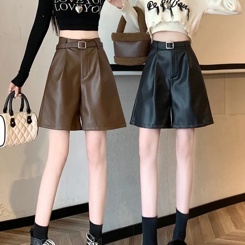 

Women's Pu Leather Shorts with Belt 2023 Casual Loose Wide Leg Knee-length Shorts Female Korean Fashion Pockets Short Pants Y2k