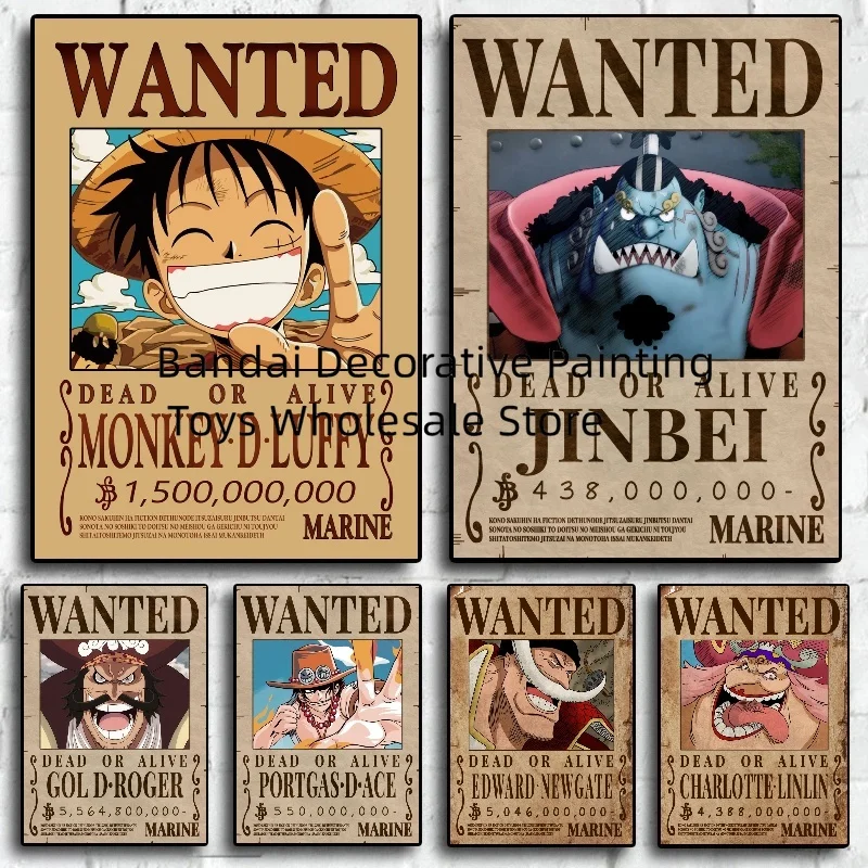 Figura de acción de Anime japonés Hot Luffy Wanted, póster artesanal, pegatina de pared estampada, pegatinas Vintage, pinturas de papel tapiz de una pieza