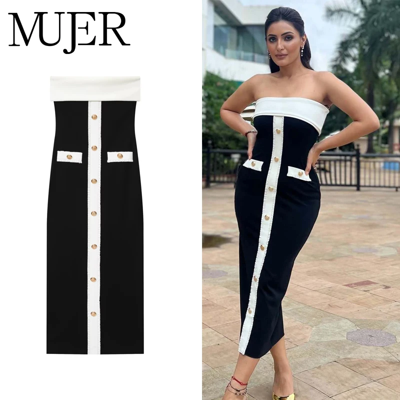 MUJER schulterfreies Midikleid für Damen, sexy rückenfreies Korsettkleid, Damen-Knopf, ärmellos, Partykleider, figurbetontes Damenkleid