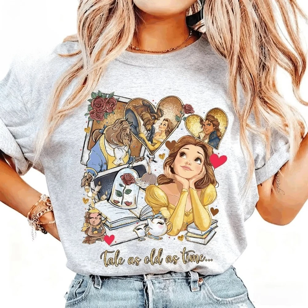 La Bella y La Bestia Disney Princess Camiseta de algodón suave con estampado de verano, holgada, cómoda y suave, informal, Unisex, manga corta
