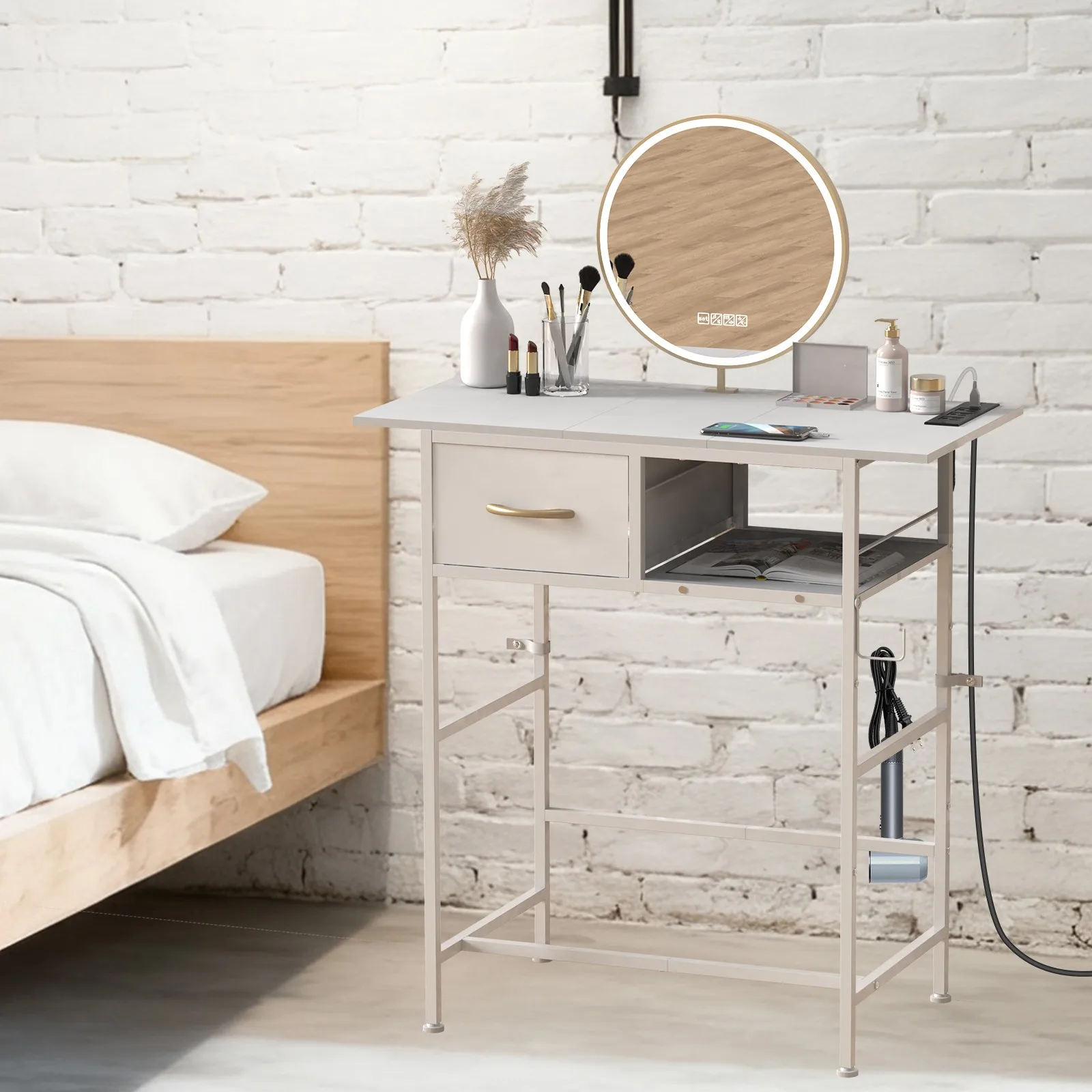 

Makeup Desk w/Charging Station Small Vanity Table w/Drawer Storage Organizer