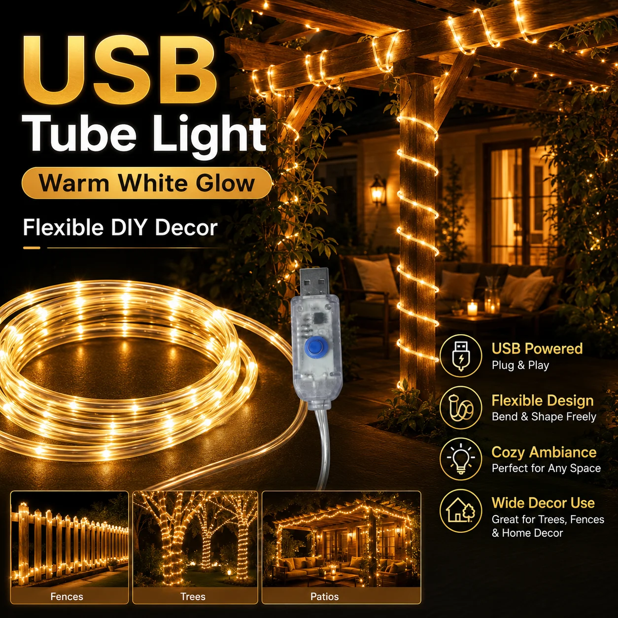 LED Rope Lights Flexible Tube String Light USB Powered Warm White 7/12/17/22M 50-200LED for Bedroom Patio Garden Christmas
