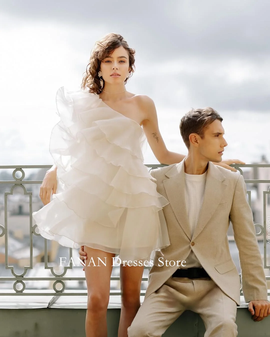 

FANAN One Shoulder Korea Mini Above Knee Wedding Dresses 웨딩드레스 Sleeveless Organza Customized Pretty Bride Gowns Plus Size