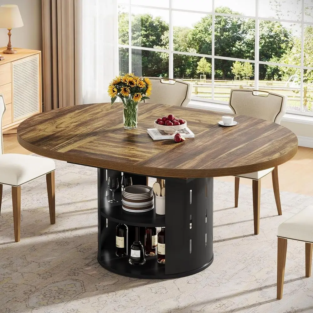 

Expandable Round Dining Table, 43-59in, Seats 4-6, with Storage Shelf, Black Metal Edges, Space-Saving, Rustic Brown