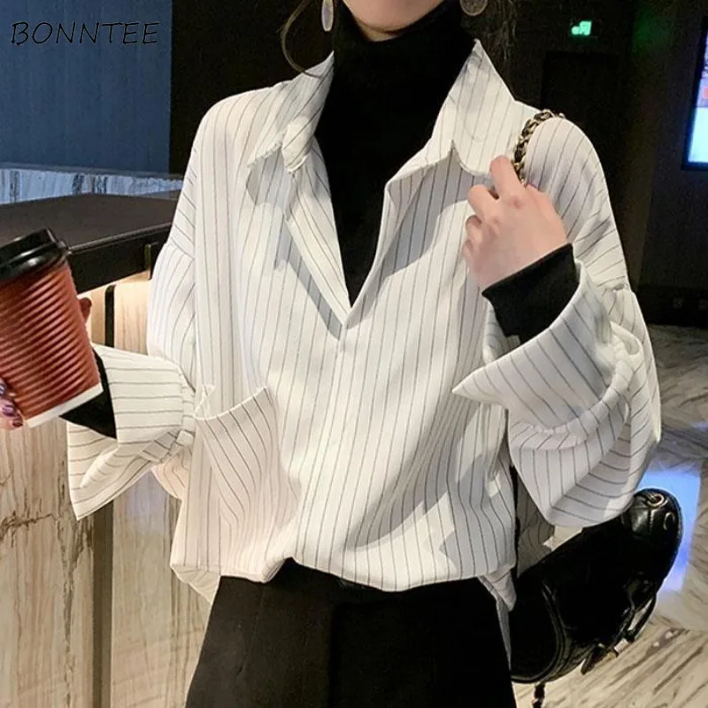 Blouse Women Fake 2pcs Striped Streetwear Casual Faddish All-match Long Sleeve Inner Popular Spring Autumn Female Clothes Trendy