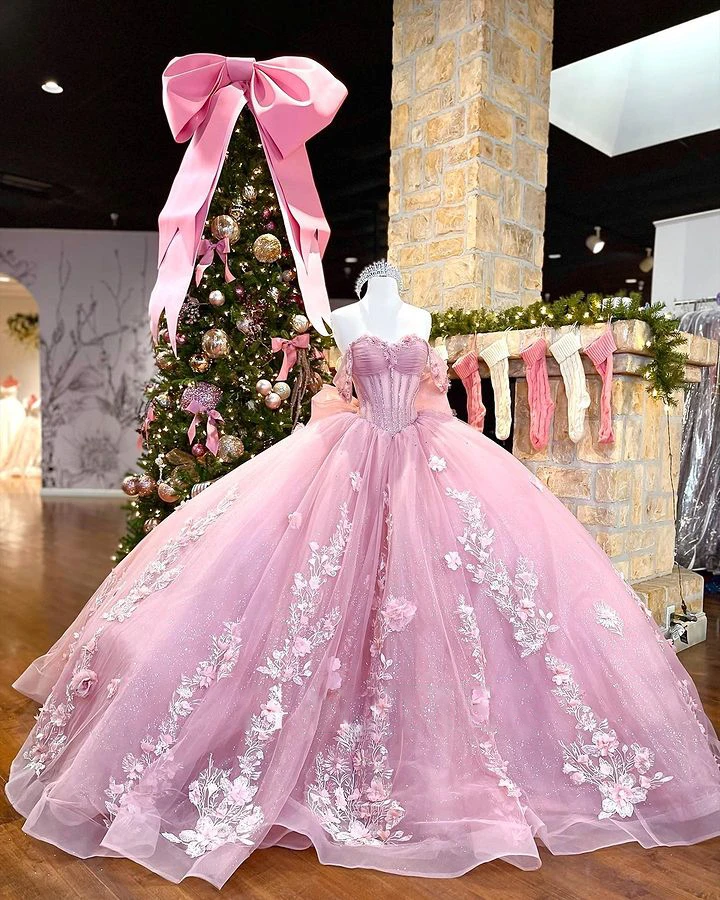 Vestidos de quinceañera rosa, vestido de noche de encaje, escote Corazón, hombros descubiertos, fiesta hinchada, cuentas de cristal, vestido de baile, 15