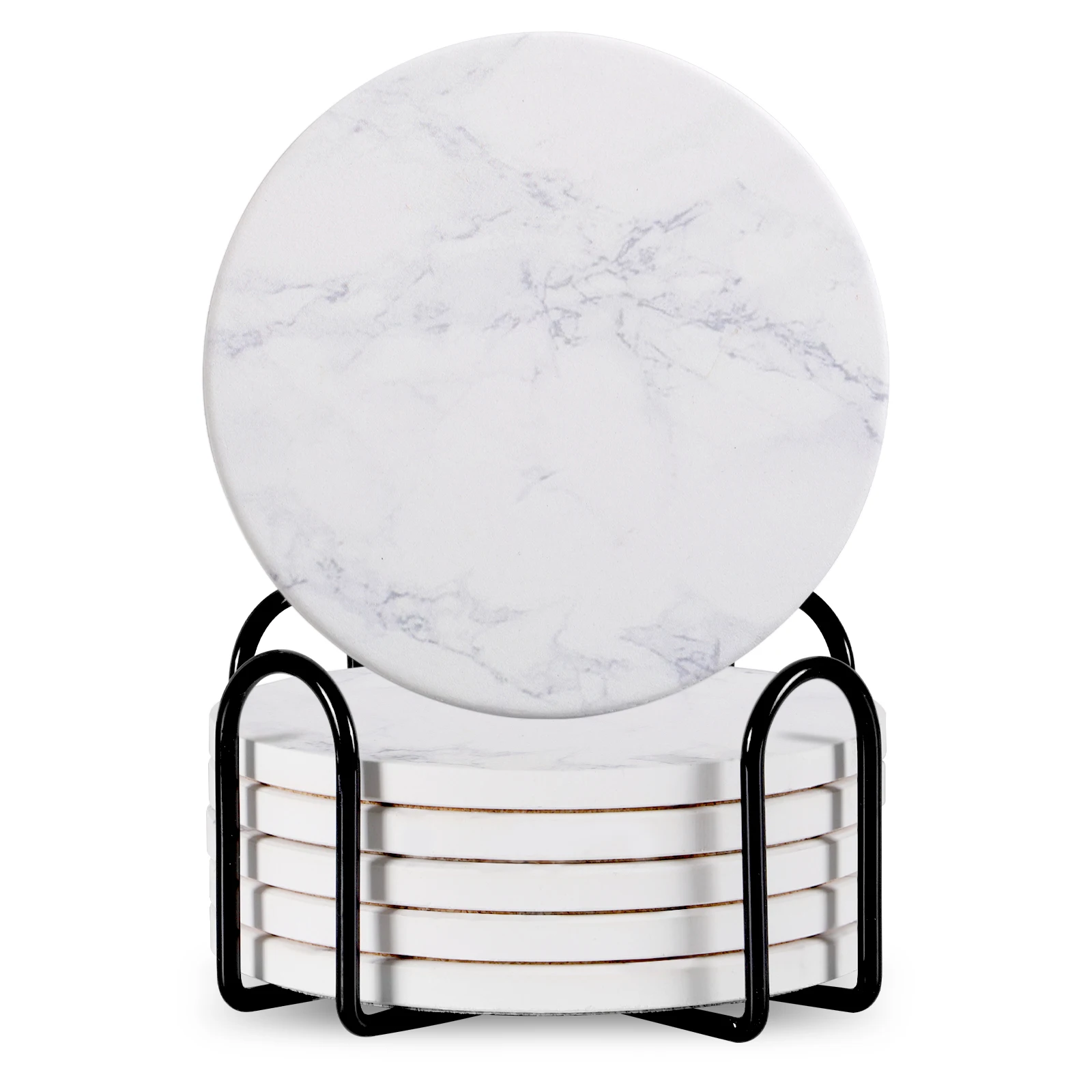 Set Of 6 Beverage Coasters With Stand Round 4in Ceramic Coaster With Metal Stand Absorbent Marble Stone Coaster With Cork Base