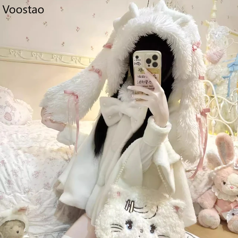 Japonais doux oreilles de lapin Lolita manteau à capuche automne hiver femmes Kawaii peluche Patchwork Capes manteau femme chaud châle pardessus