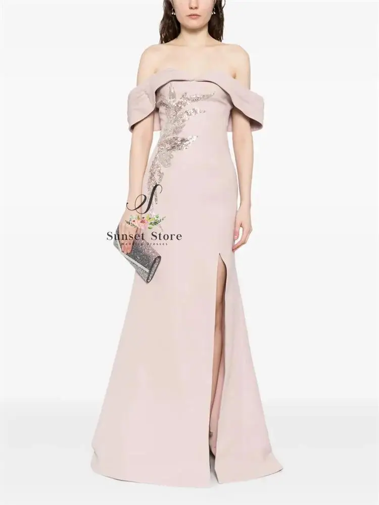

Customized Pink Pleated Beaded Long Dress Sleeveless Off-shoulder Pleated Neckline Skirt Sequins Inlaid Mermaid Evening Dress