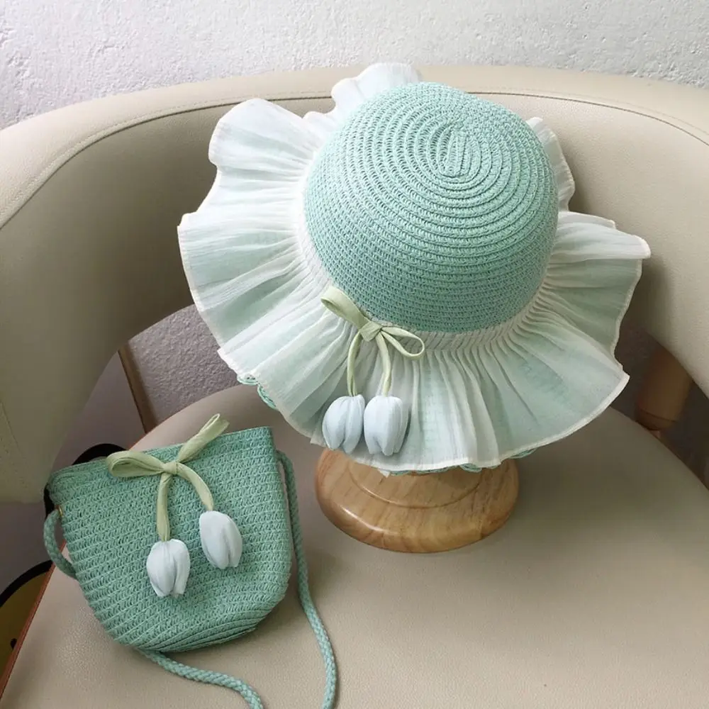 

with Same Style Crossbody Bag Tulip Straw Sun Hat Korean Style Shading Hat Girls Bucket Hat Fisherman Cap Anti-UV Sun Hat