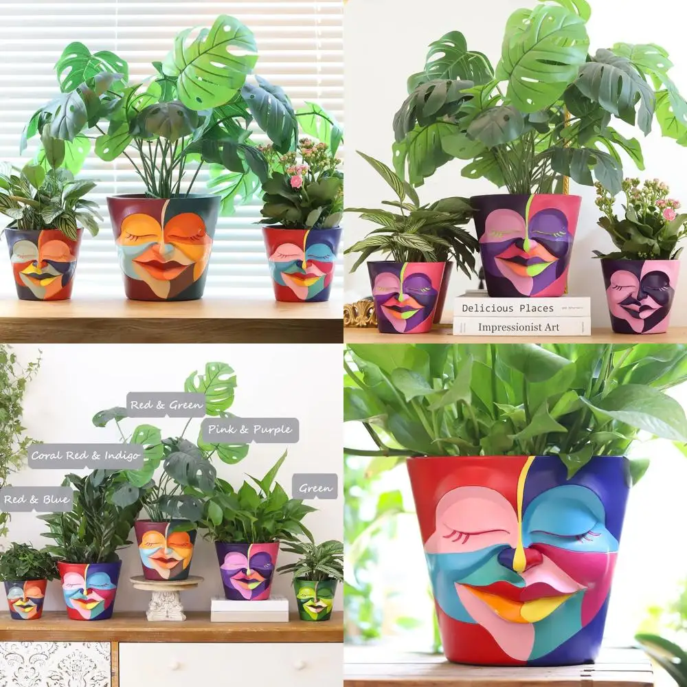 

8. Абстрактный горшок для растений с радужным лицом и дренажем, милый и красочный декор для комнатных/наружных растений, кораллово-красный и индиго.