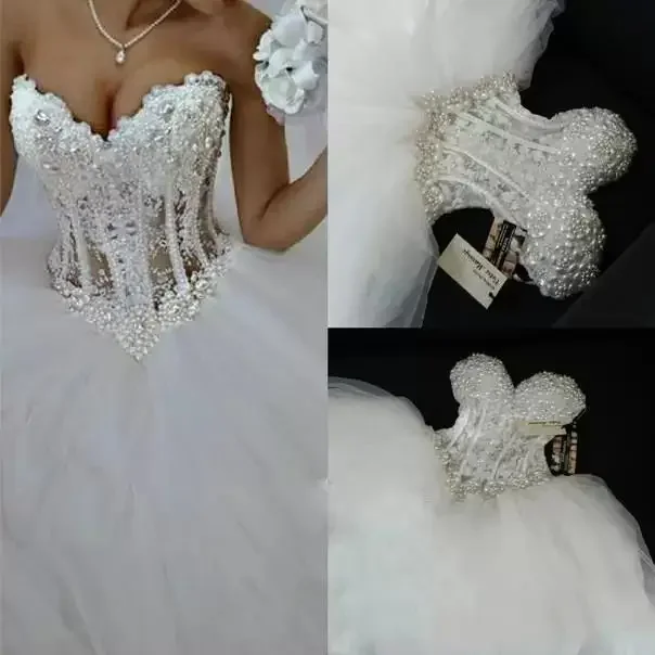 

Customized Bling Sweetheart Corset Bodice Sheer Bridal Ball Crystal Pearls Beads Rhinestones Tulle Wedding Bridal Gowns