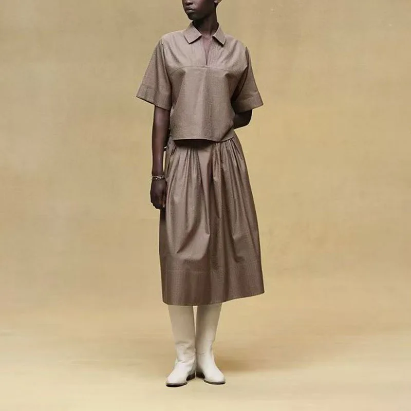 

Fashion Minimalist Women 2 Piece Set Solid Short Sleeve Turn-Down Collar Shirt Top & Slim Hight Waist Skirt Street Go Out Suit