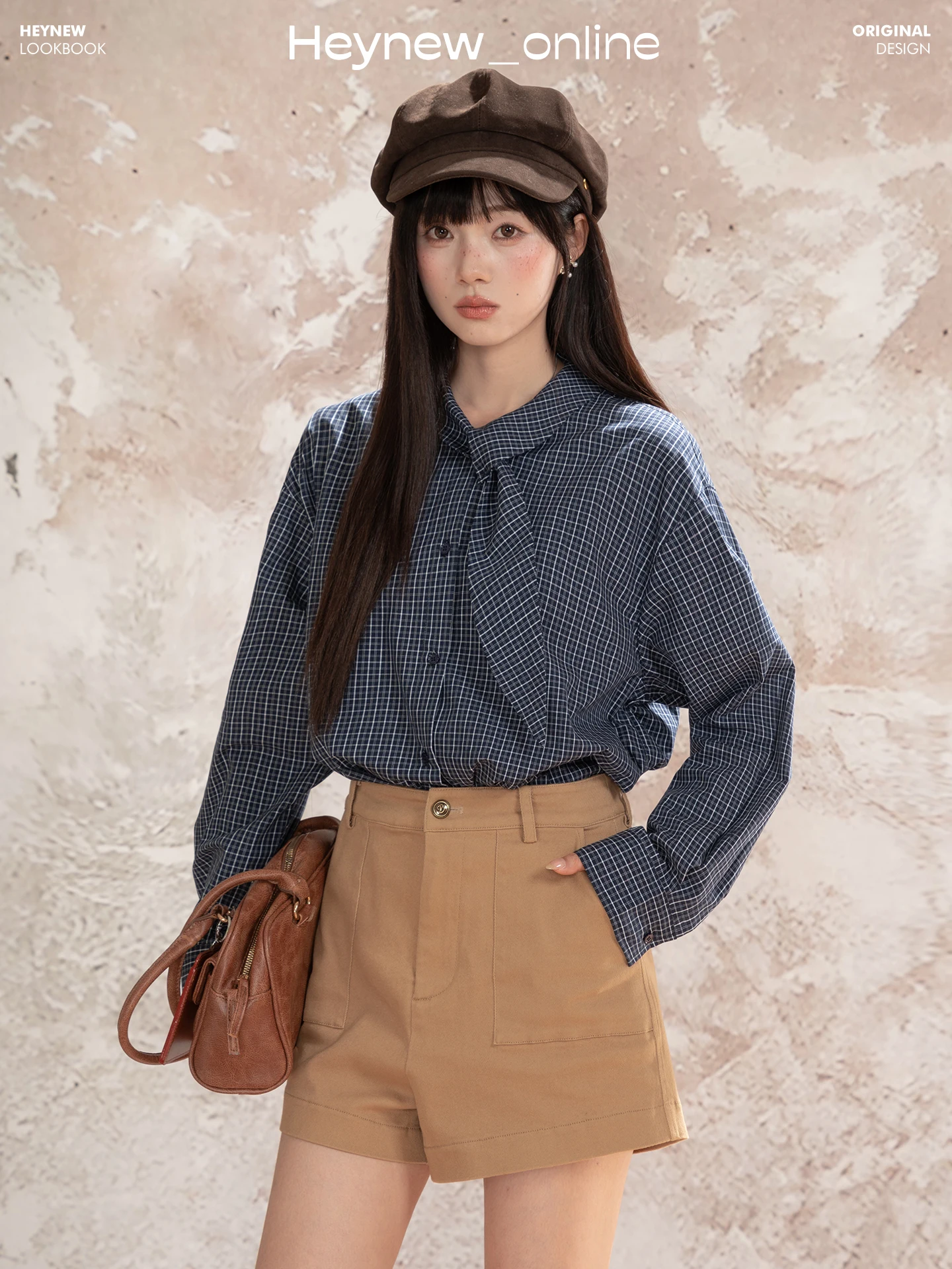 

Loveheynew Blue Plaid irt Women's Long Sve Waist Cinched Draped Collar Autumn Cotton Casual Faion Top College Sle