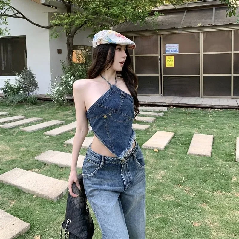 American Denim Halter Neck Suspender Mujer Verano Sexy Parte de atrás bonita Diseño delgado Top irregular