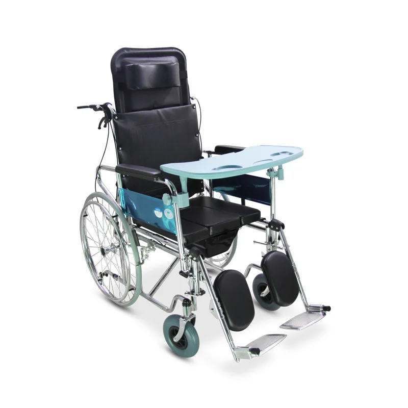 Aluminum Foldable Toilet Wheelchair Adjustable Commode Chair with Reclining Backrest and Dining Tray for Elderly Disabled