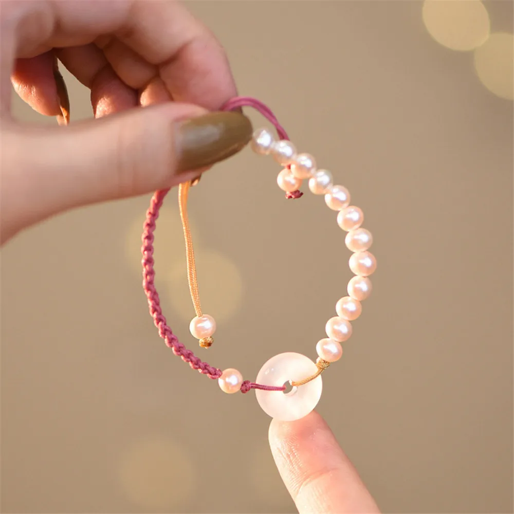 Lychee Jelly Agate Chalcedony Safety Buckle Adjustable Bracelet Natural Strong Light Freshwater Pearl Braided Rope Women Jewelry