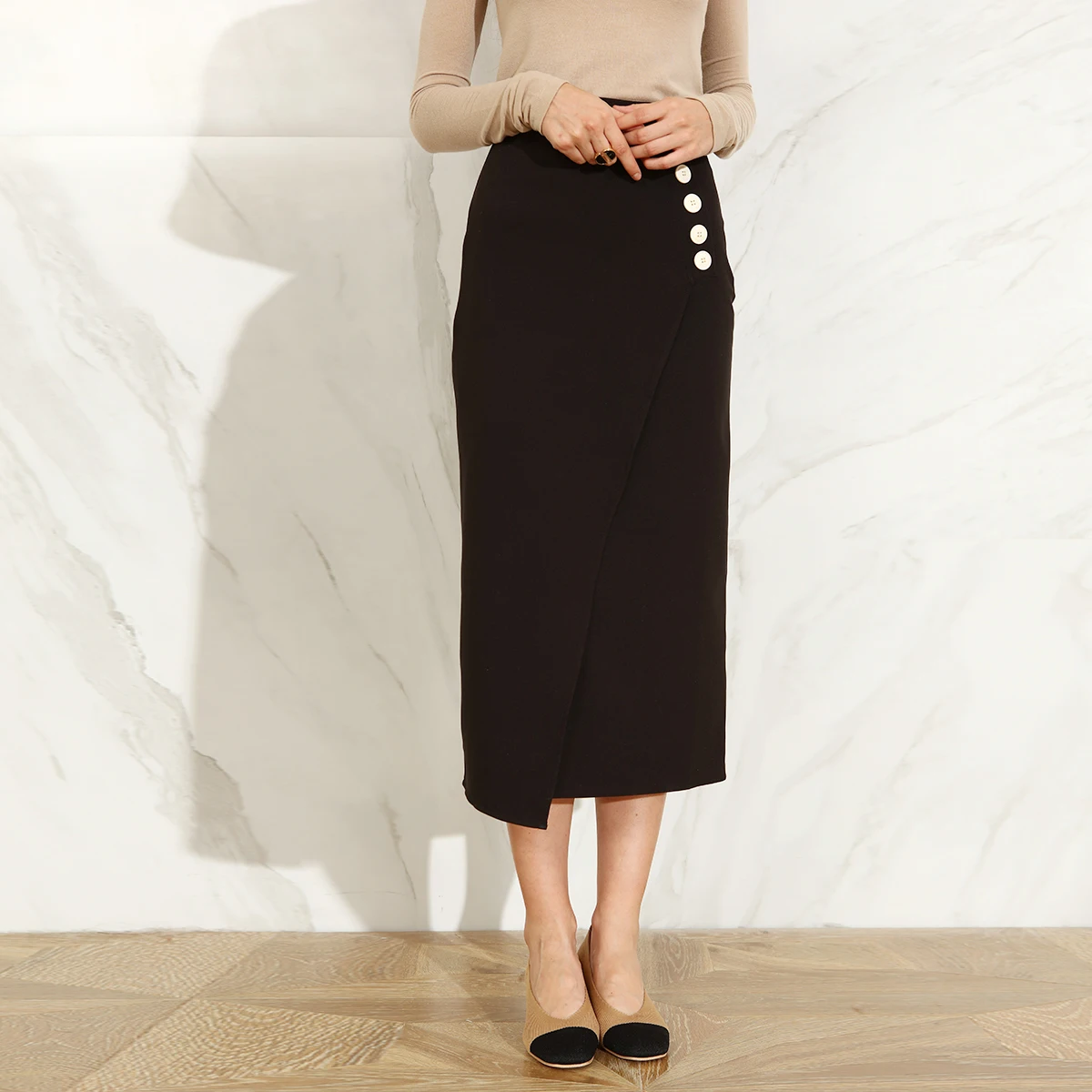 

Ele Asymmetric High Waist Slimming f-length Skirt Versatile Busin Women's Faion Spring Season Polyester Fabric