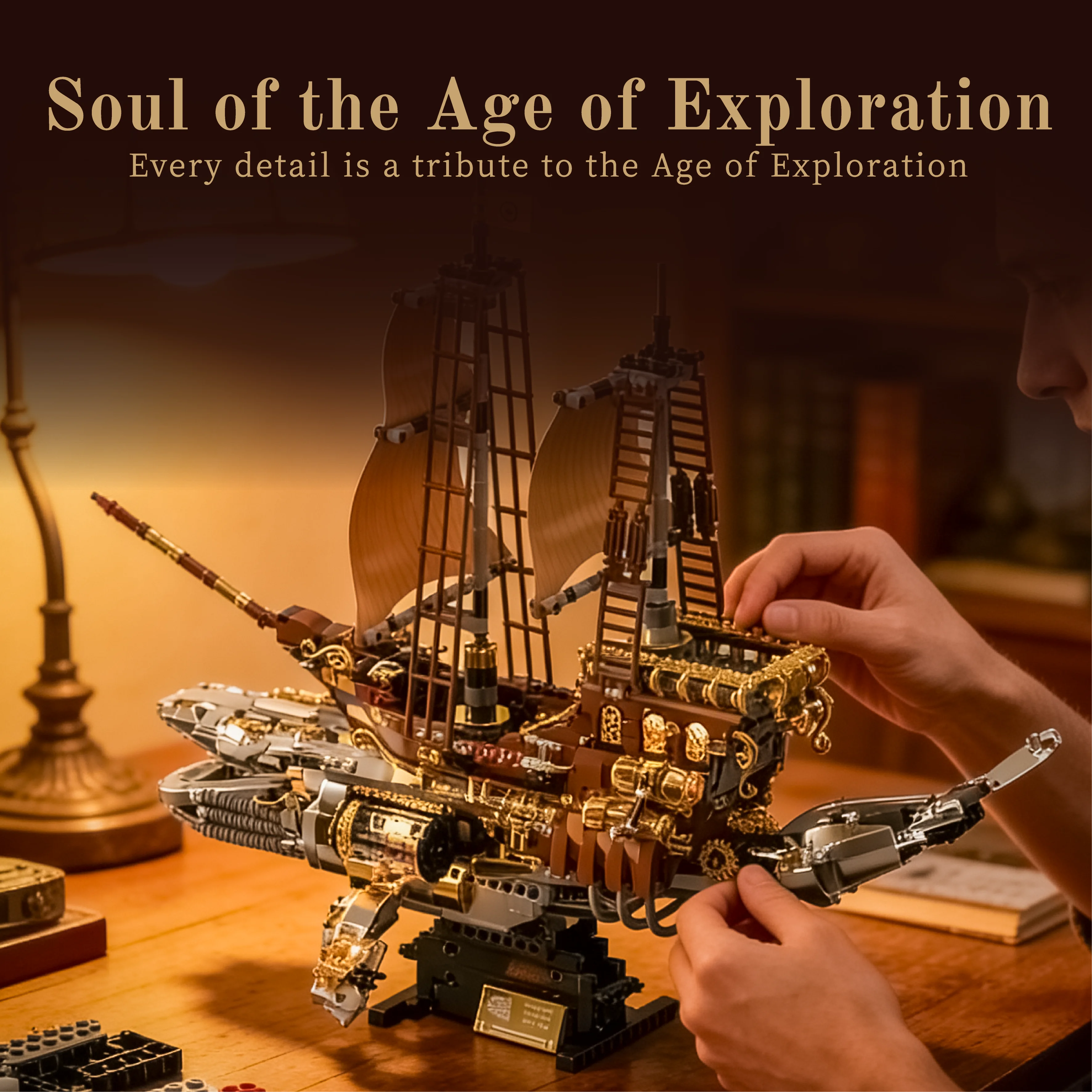 

Vintage Steam Whale Ship Building Blocks, Retro Nautical MOC Model with Ornate Details, Unique Desktop Decor for Adults & Fans