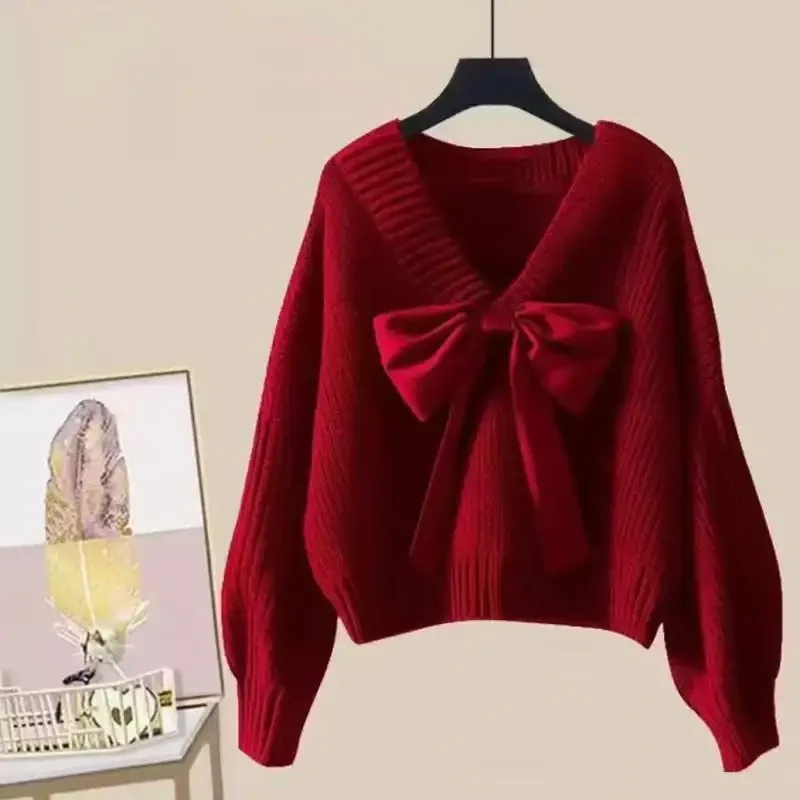 

V Neck Long Sleeve Knit Sweater With Bow Detail For Women Sweet Style Casual Office Wear Autumn Winter Fashion Pullover