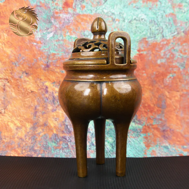 All-brass, antique-style, high-legged tripod incense burner for burning agarwood and sandalwood incense, a copper gift item