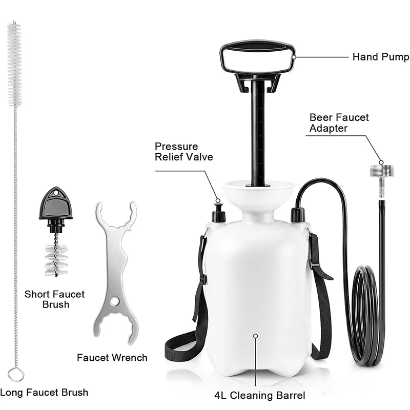 4L Kegerator Cleaning Hand Pump, Pressurized Beer Line Cleaning Keg Kit, Beer Line Cleaner