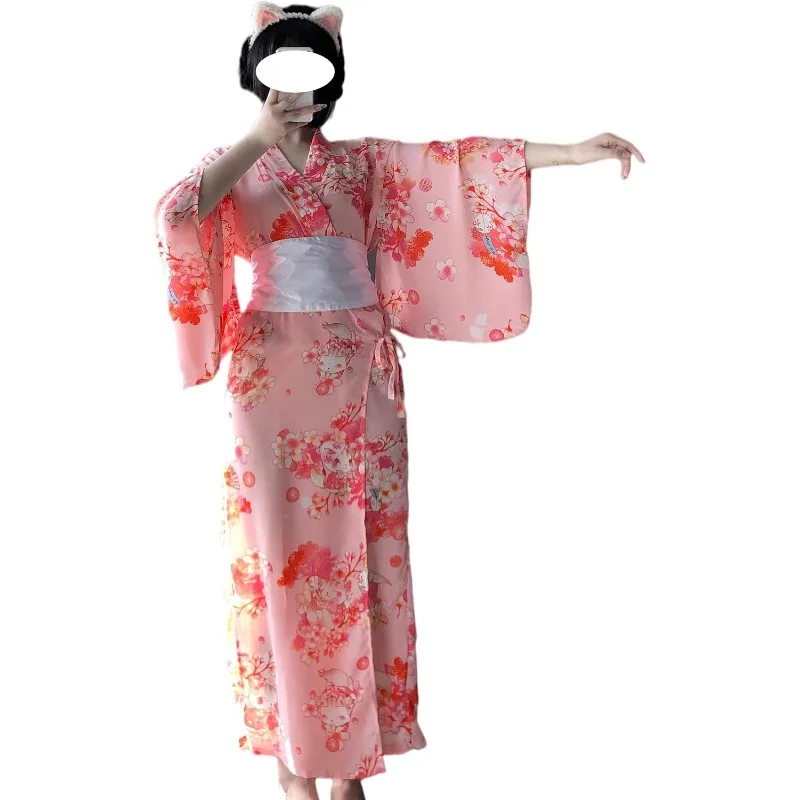 

Women's Kimono Robe Dress Cosplay Costume Japanese Anime Lingerie Pink Sexy Yukata Underwear Set Nightgown Pajamas Uniform
