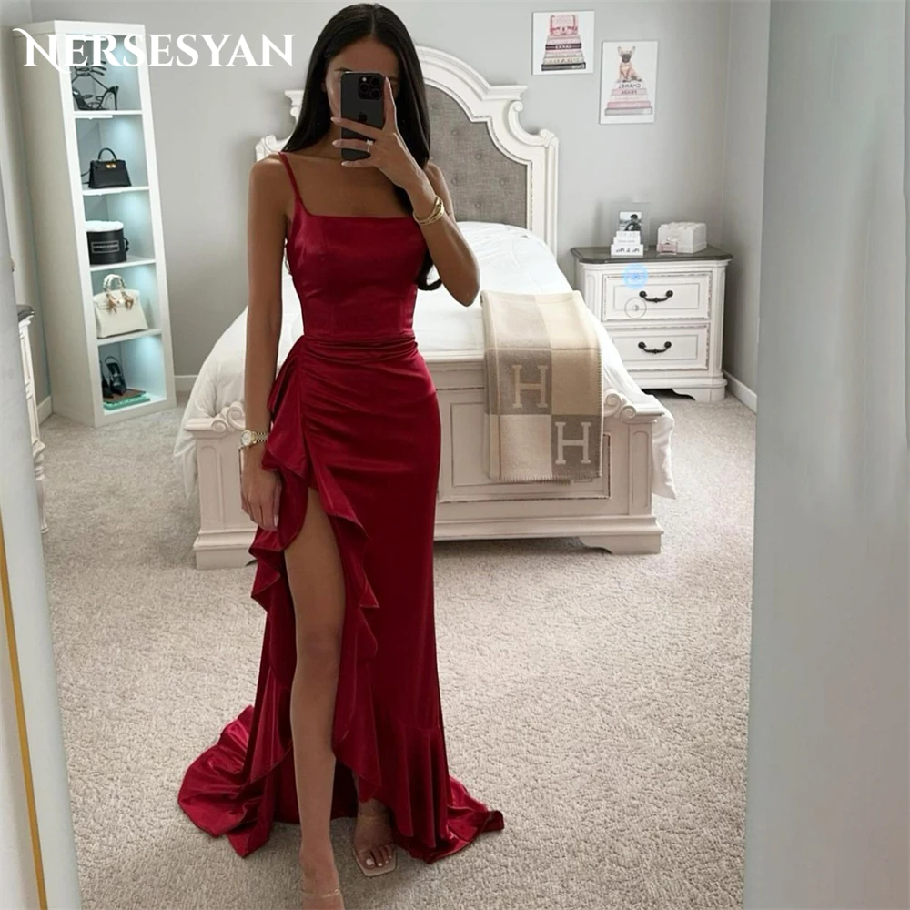 Nersesyan Burgundy Mermaid Evening Dresses Solid Square Collar Side Slit Ruffles Prom Dress Sleeveless Backless Party Gowns 2024