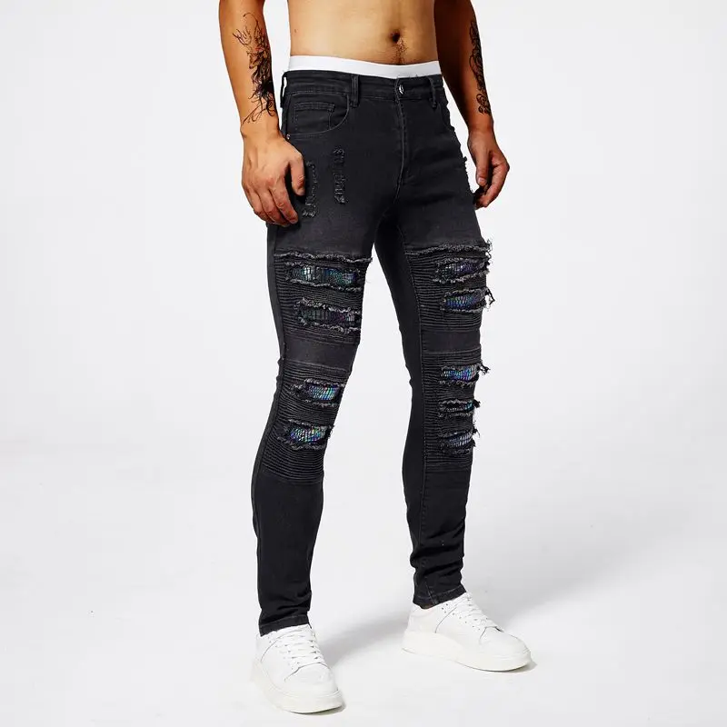 2024 New perforated patch men jeans designer elastic slim fit straight tube high quality casual elastic cotton bike denim pants