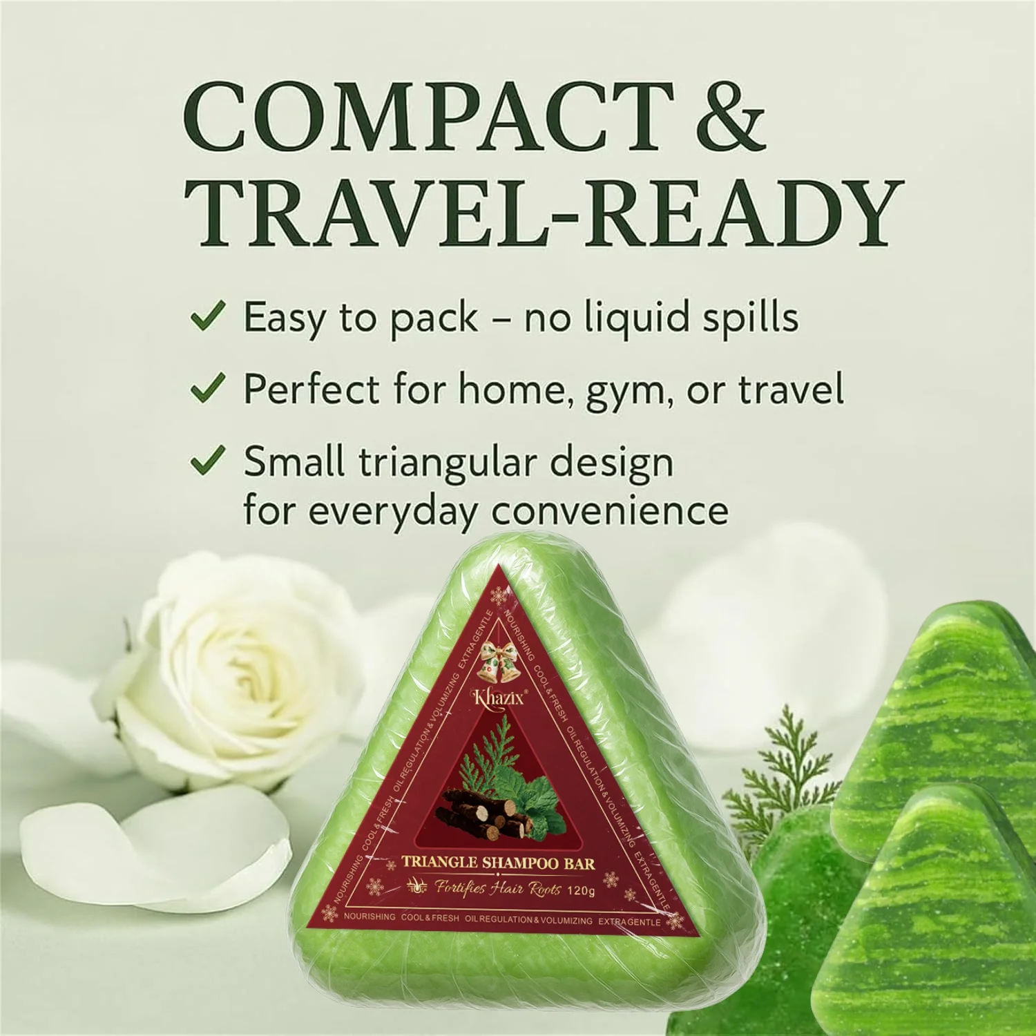 قالب شامبو صابون المثلث الأخضر مع عشب عثماني - قالب شامبو صلب من أوراق السرو الطبيعية للعناية بالشعر العشبي الطبيعي والراحة.